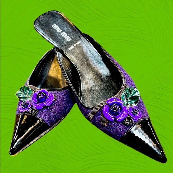 Miu Miu Purple Wool Tweed & Patent Leather Kitten Heel Slides - Size 6.5 - Picture 2 of 7